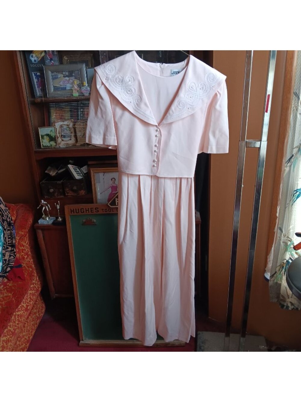 sz 12 1990s Vintage Pink Maxi Dress Embroidered Collar Pearly Button J.B.S. Ltd